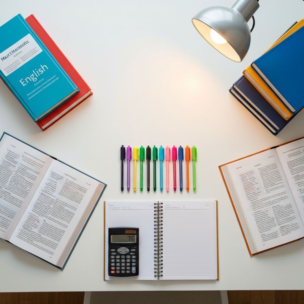 Organised study desk with textbooks, notebooks and study materials representing the resources available at Target Coaching College